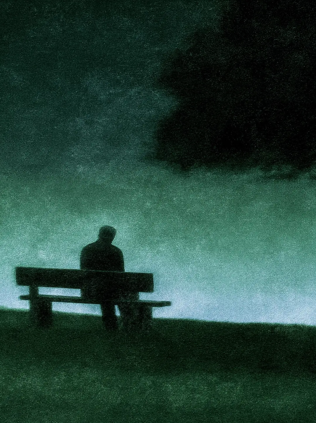 A solitary figure sits on a bench beneath a dark green night sky.