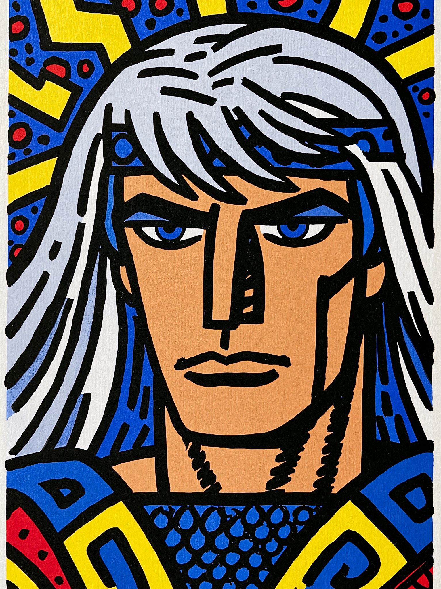 A brightly coloured portrait of a white-haired man with blue eyes, outlined in black against blue, yellow and red geometric shapes.