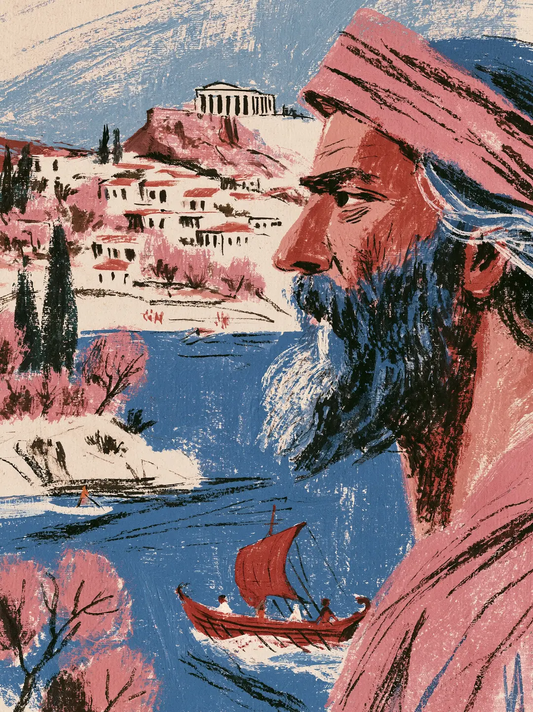 Illustration of Socrates in profile, with the Athenian Acropolis, harbour and a red-sailed boat behind him, in blue, red and cream.