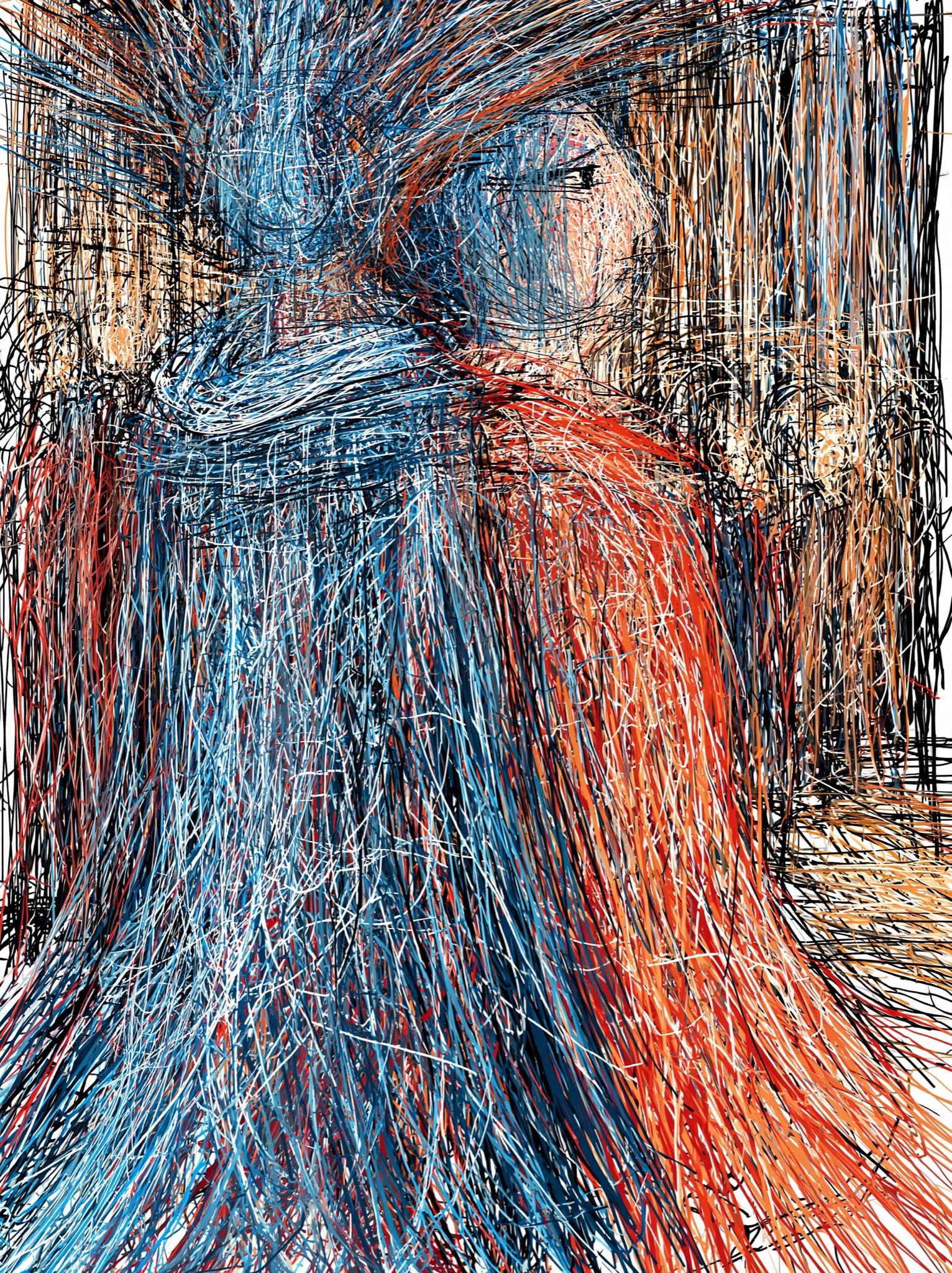 Two figures standing close together in an expressive drawing of interwoven blue, red, orange, white, and black lines.