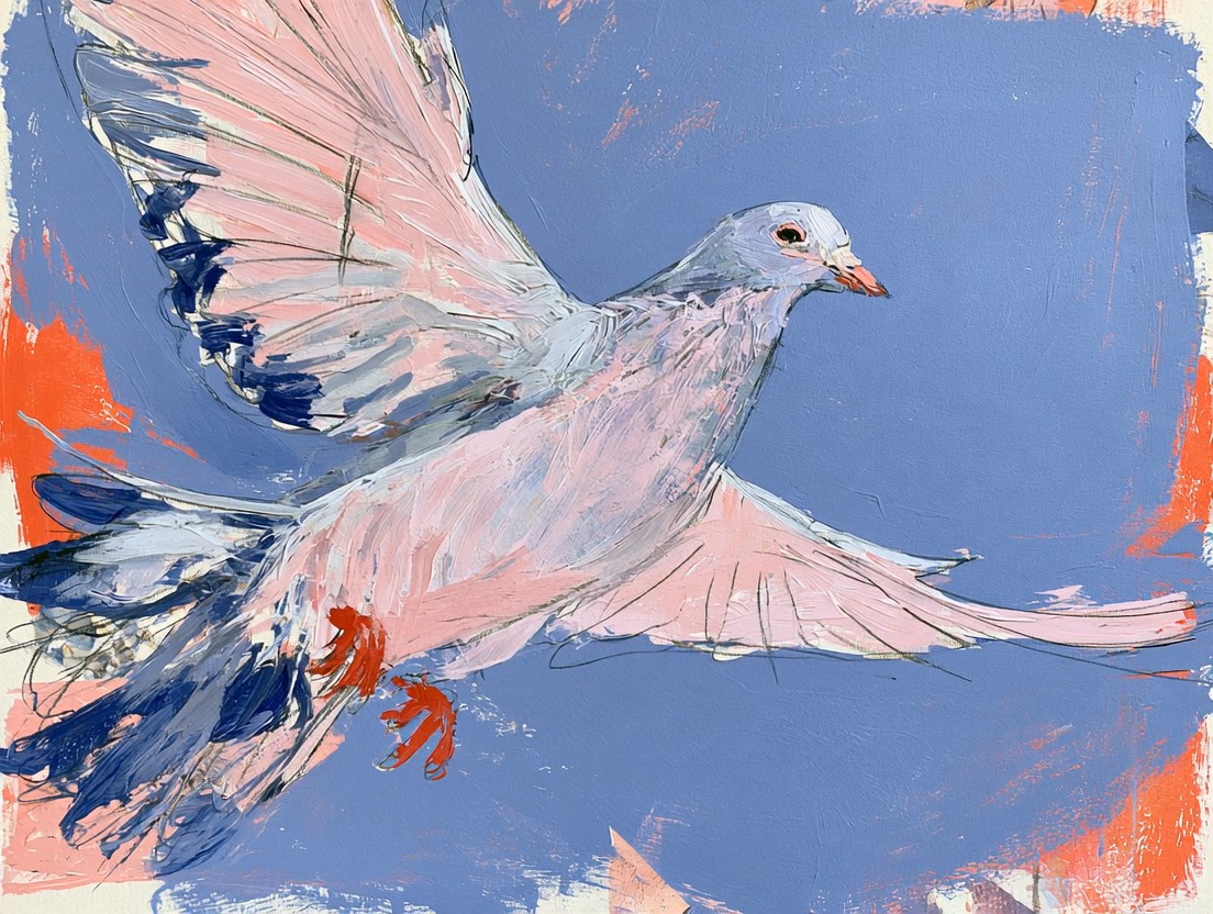 An animated painting of a white dove in flight, with pink and blue wings against a blue background edged in orange.