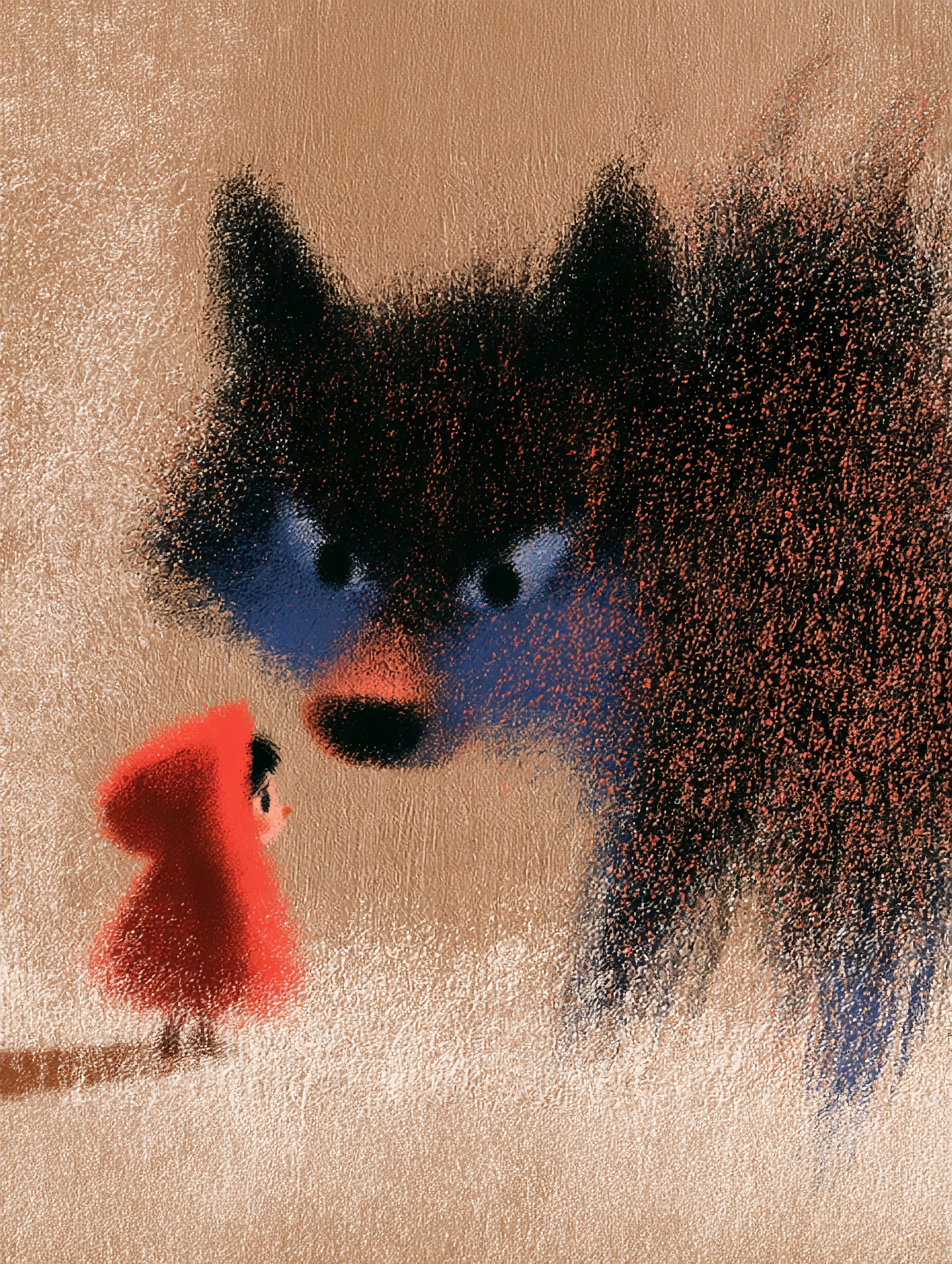 Little Red Riding Hood in a red cloak faces the looming dark shape of a wolf in a brown forest.