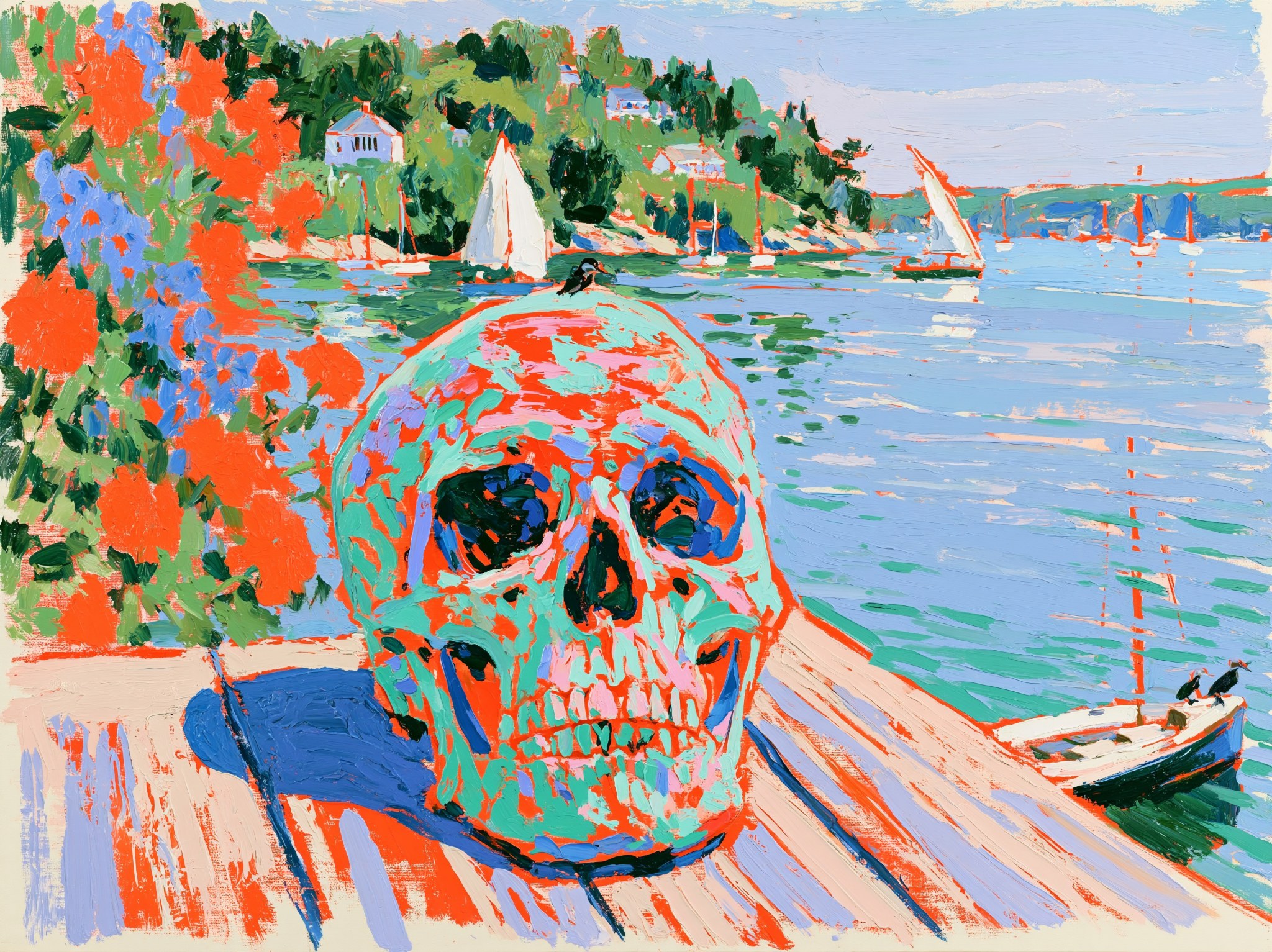 A brightly coloured painting of a skull on a wooden table beside a harbour with sailboats and a green hillside.