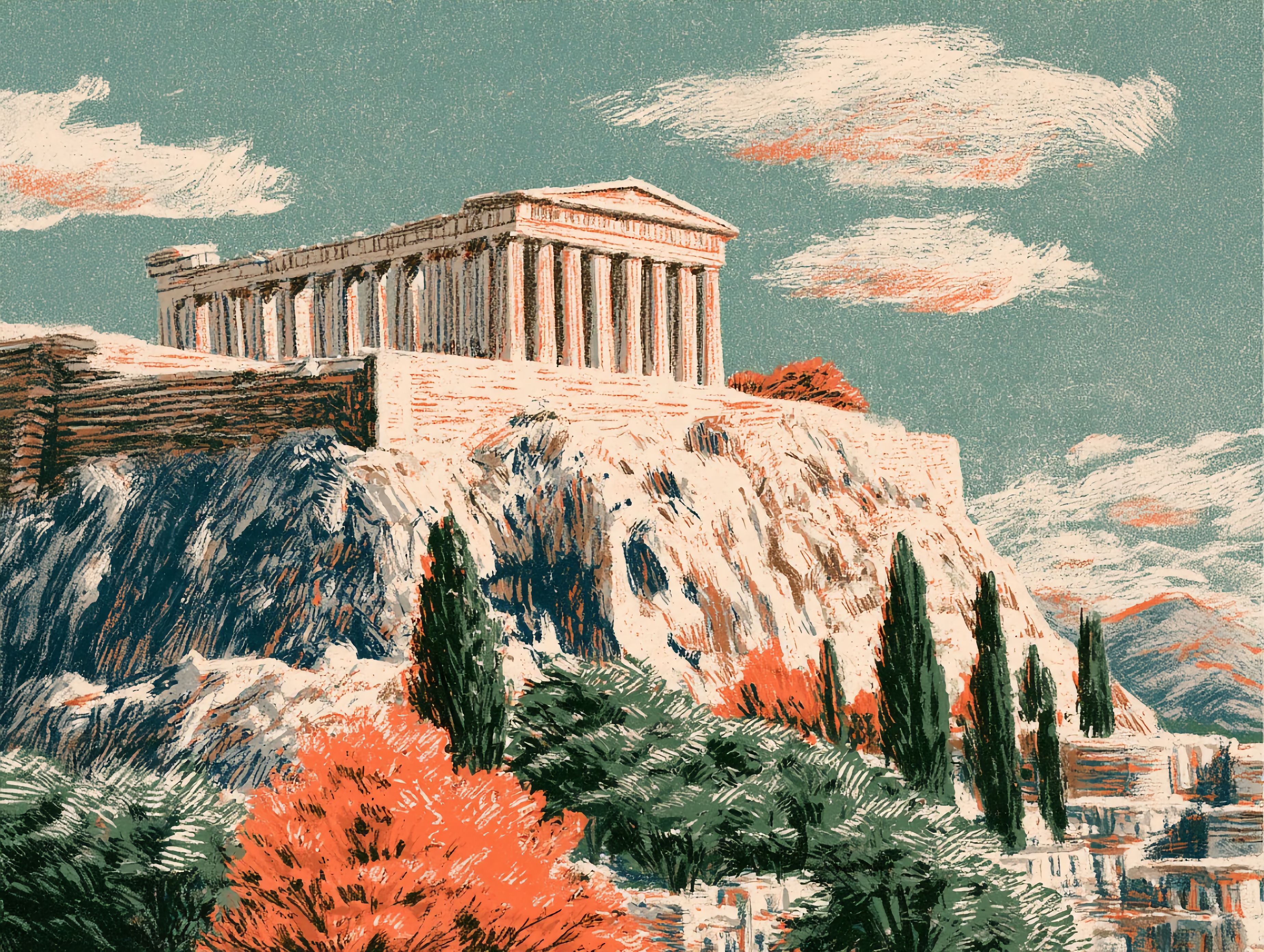 The Parthenon on the Acropolis above cypress trees and orange foliage beneath a green-blue sky.