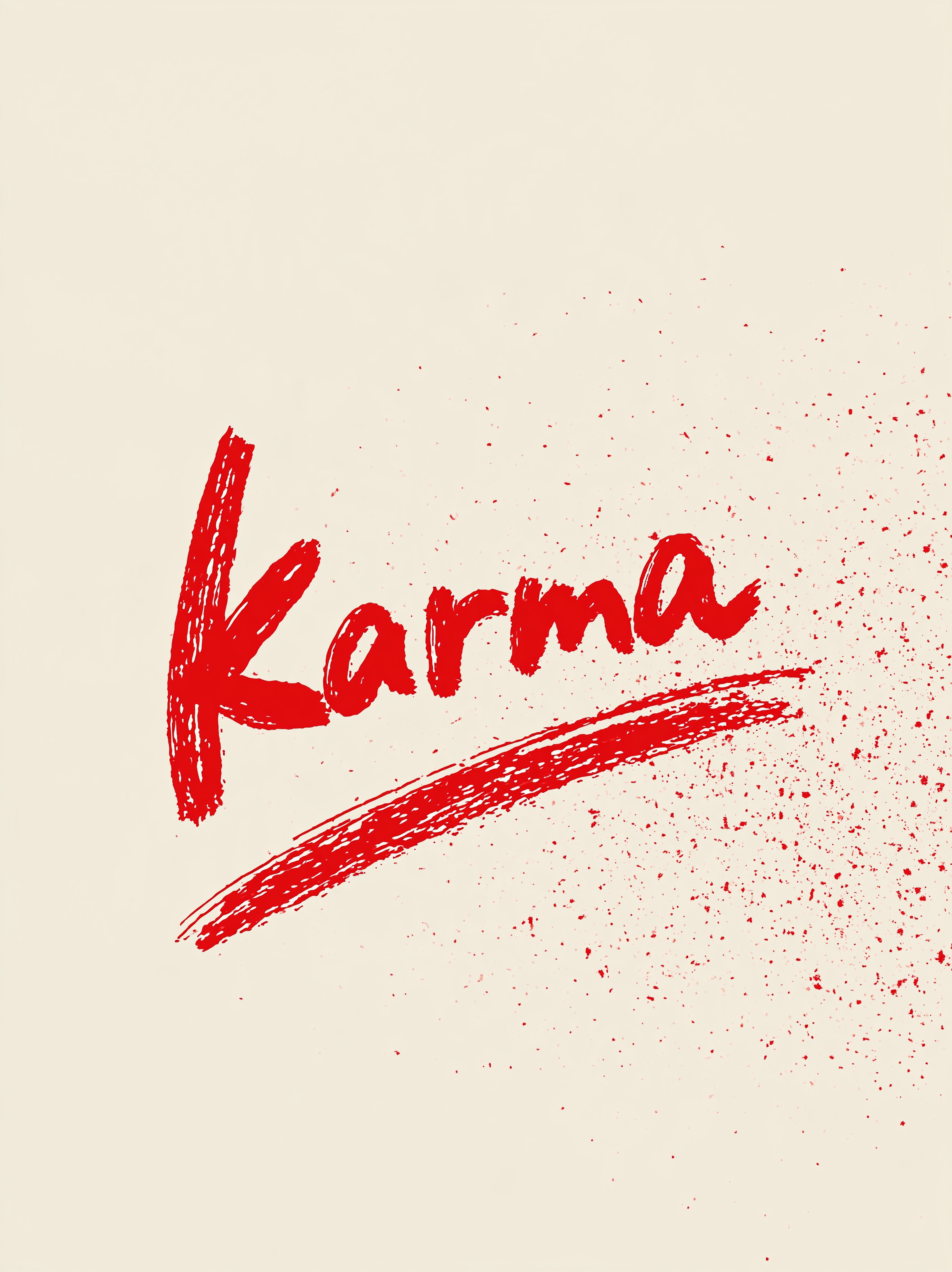The word Karma painted in vivid red brush lettering with an underline and scattered flecks on a pale cream background.