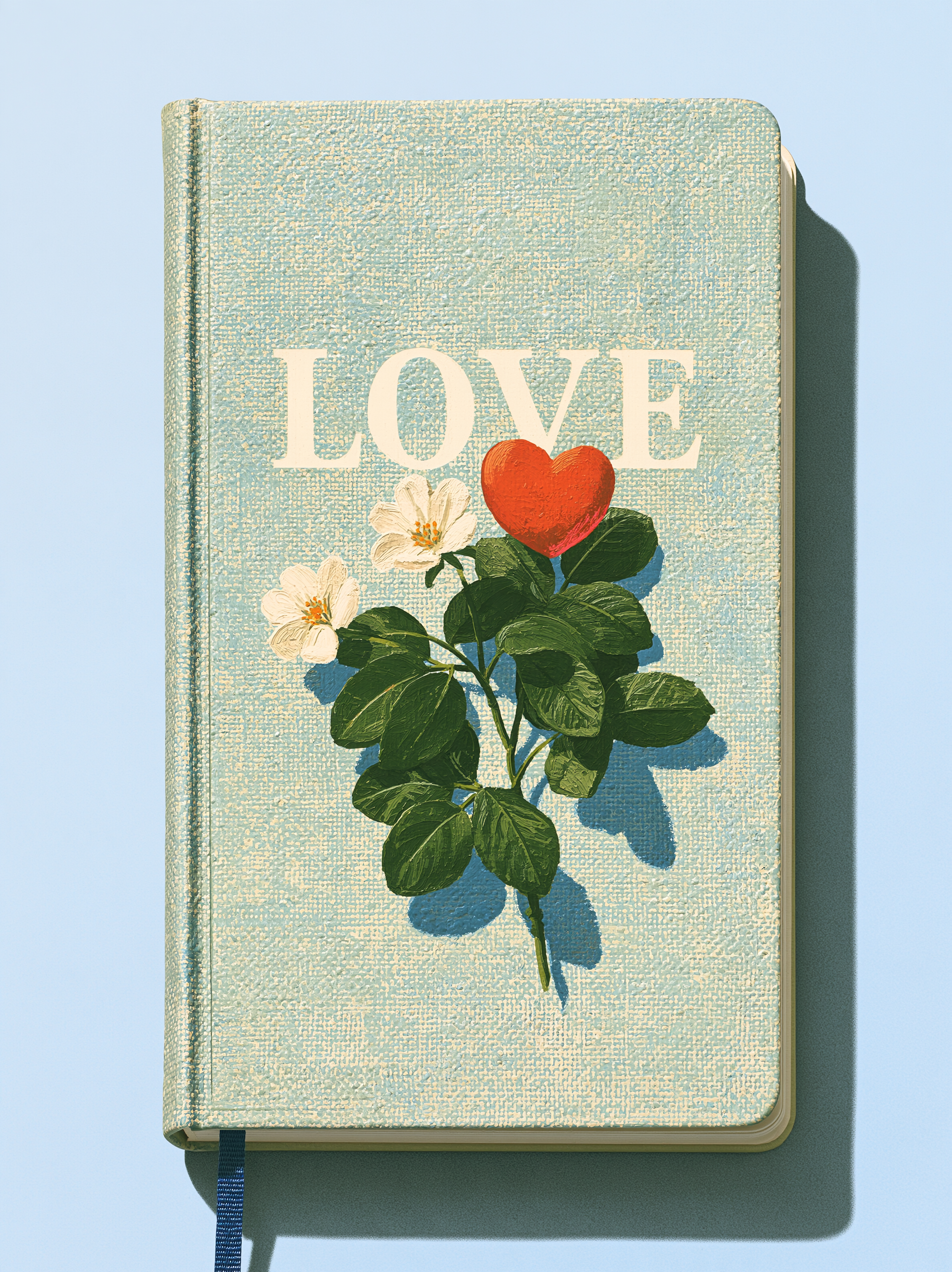 A pale blue notebook labeled LOVE, decorated with white flowers and a red heart, rests against a light blue background.