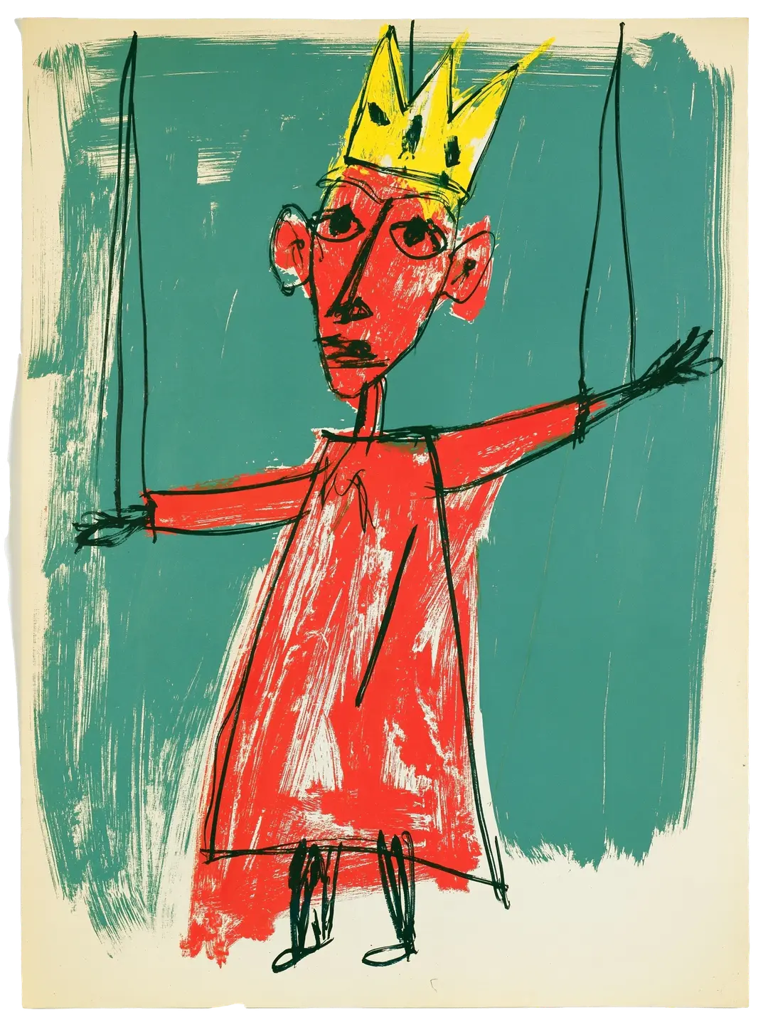 A red puppet king wearing a yellow crown hangs from thin strings against a green background, in a textured illustration with irregular cream paper edges.