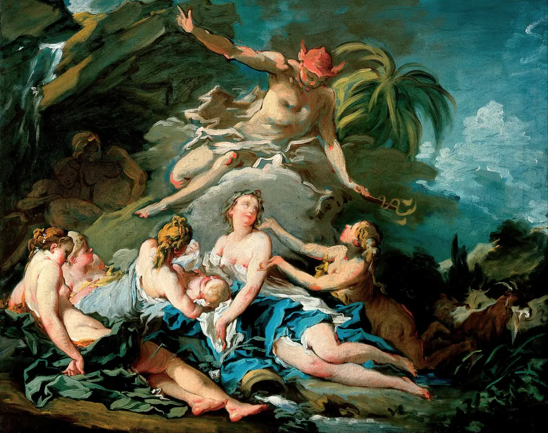 François Boucher (1703–1770), Mercury Entrusting the Infant Bacchus to the Nymphs of Nysa, 1734. Oil on canvas, 59.7 × 73.7 cm. Cincinnati Art Museum, 1989.24.