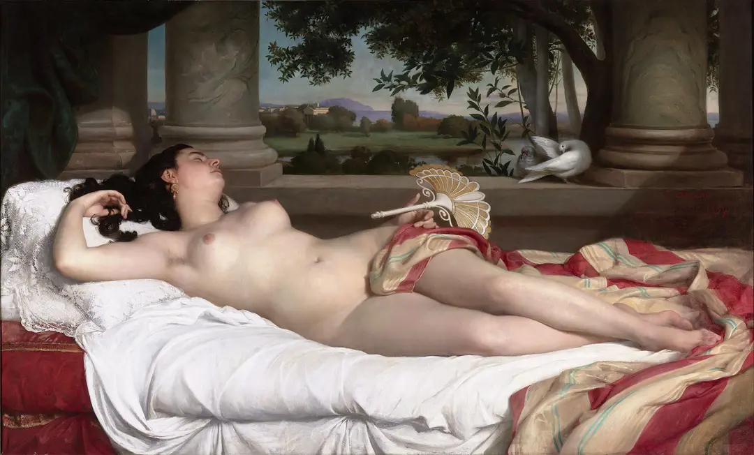 A woman sleeps on white linen beneath marble columns, holding a fan. Striped red-and-cream fabric lies across the couch, two doves perch on a stone ledge, and a wooded landscape extends beyond.