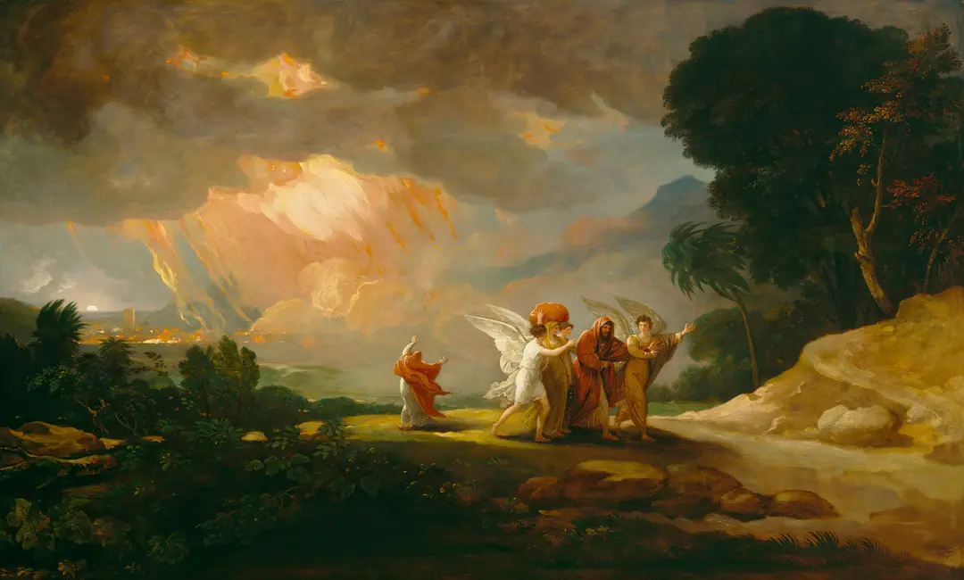 Benjamin West (1738–1820), Lot Fleeing from Sodom, 1810. Oil on panel, 119.7 × 198.4 cm (471⁄8 × 781⁄8 in). Signed and dated lower right, inside a painted oval: B. West | 1810. Detroit Institute of Arts, Founders Society Purchase, Robert H. Tannahill Foundation Fund, 70.831.