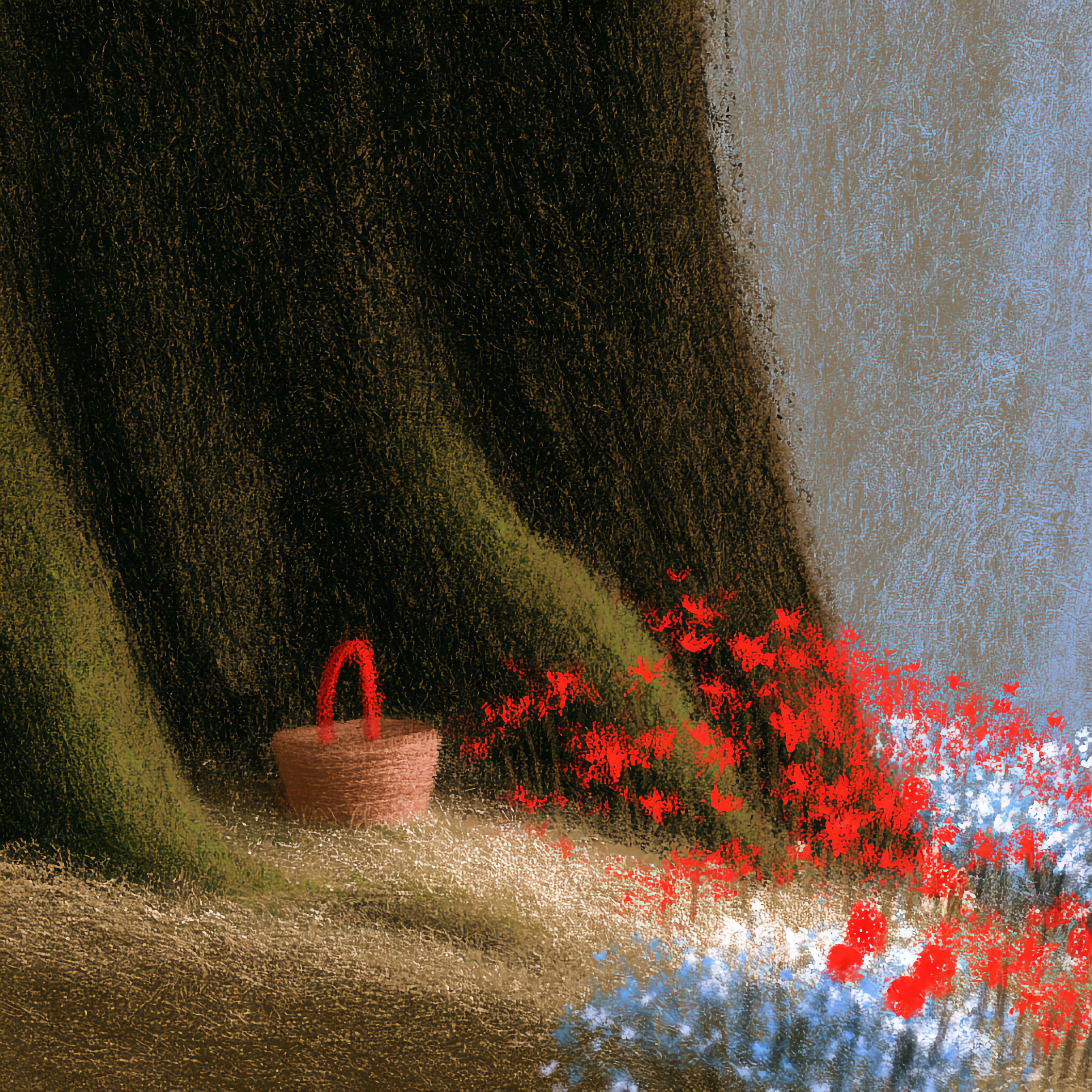 A basket beside scattered red flowers at the edge of a dark forest.