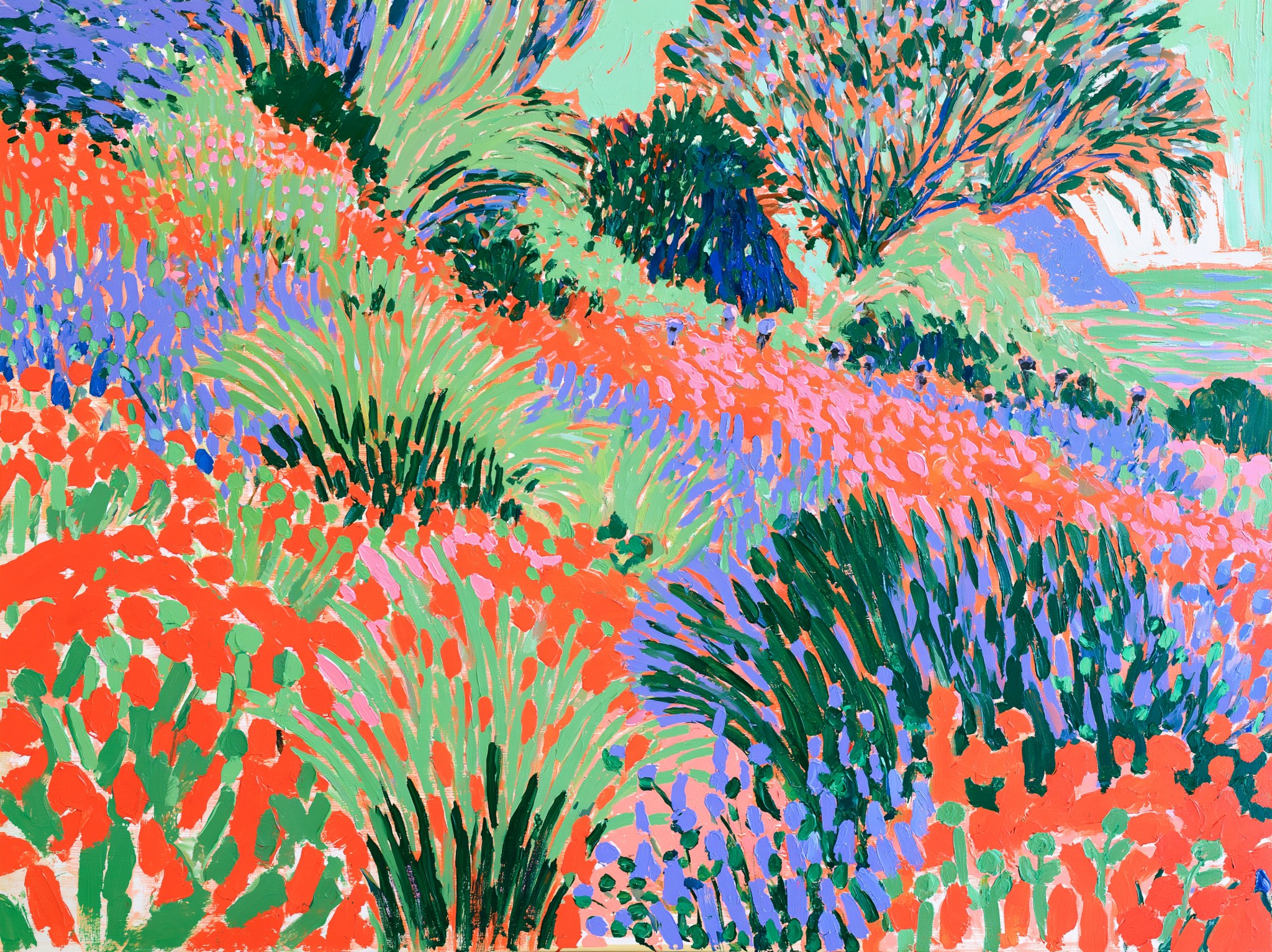 A brightly coloured painting of orange and violet flowers, green grasses, and trees beside water.