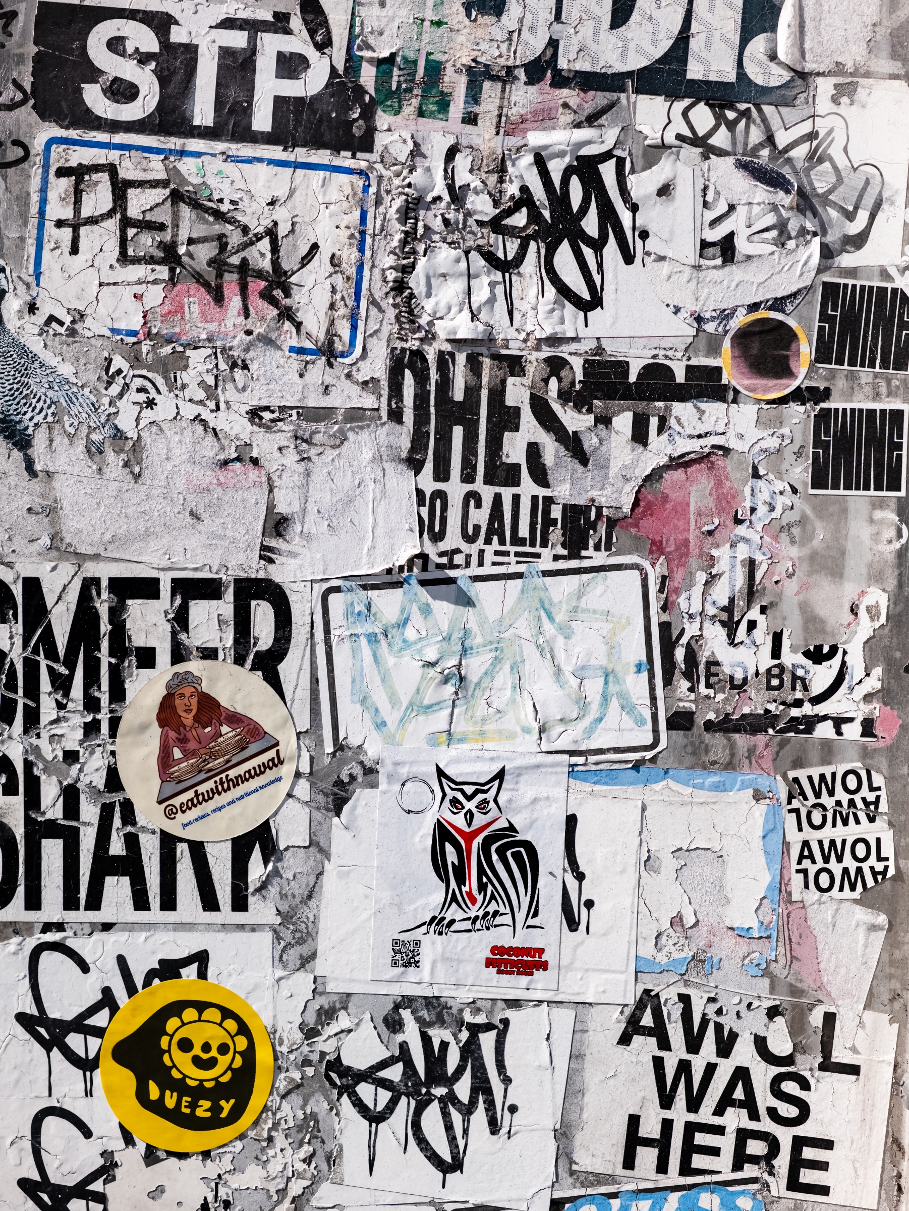 A dense field of torn posters, stickers, tags, and fragments of typography covers a weathered wall. Amid the mostly black-and-white layers, a few vivid details stand out: a yellow “DUEZY” flower-skull sticker, an illustrated “Peanutbutter” figure, a red-eyed owl with a QR code, and a bold message reading, “AWOL WAS HERE.”