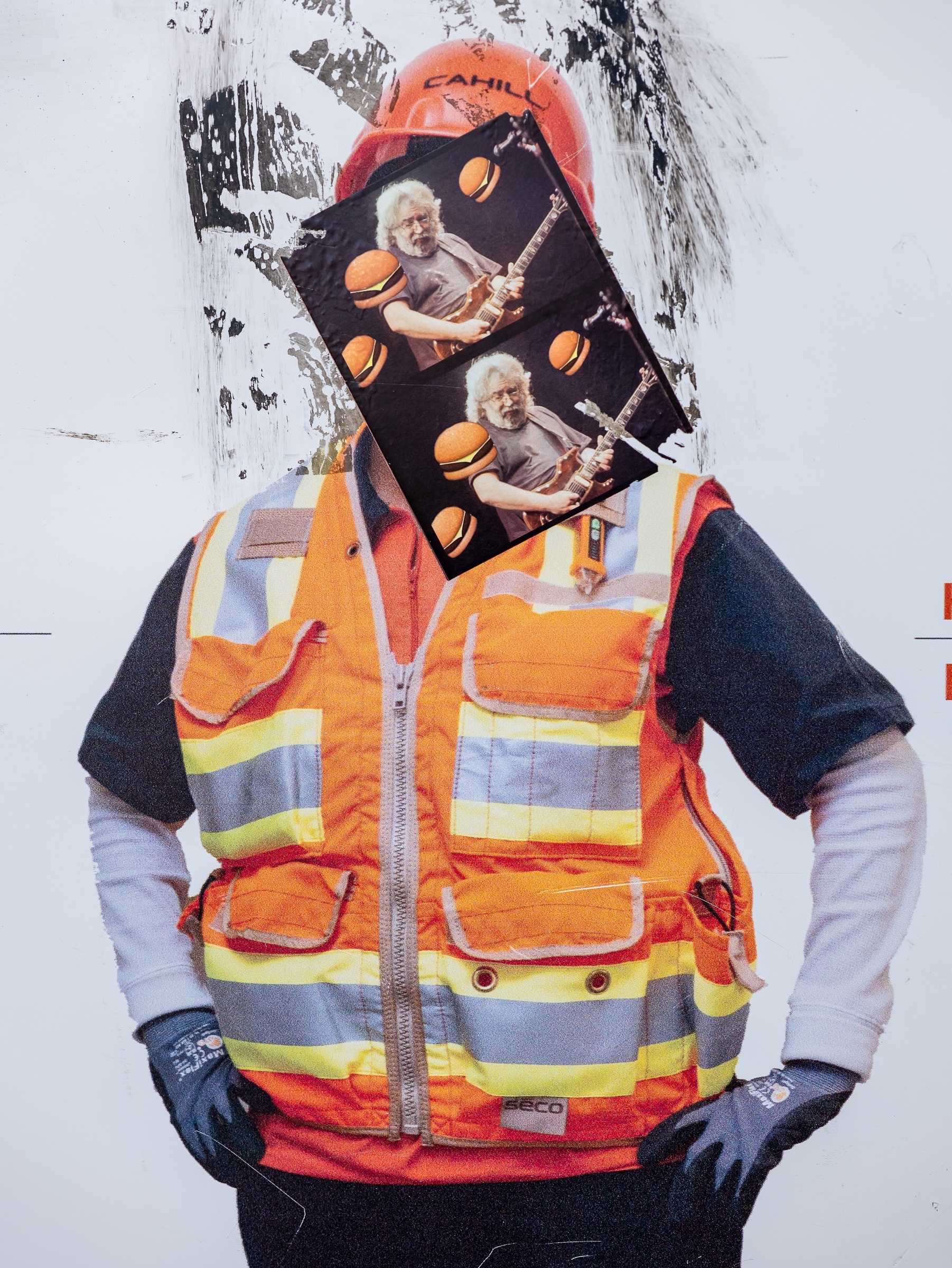A weathered street-art collage layers two tilted images of a white-haired guitarist against a bright orange construction worker in reflective safety gear. Cartoon hamburgers float across the musician’s black background, while torn posters, scratched paint, and a faded orange helmet create an offbeat collision of labor, music, and urban texture.