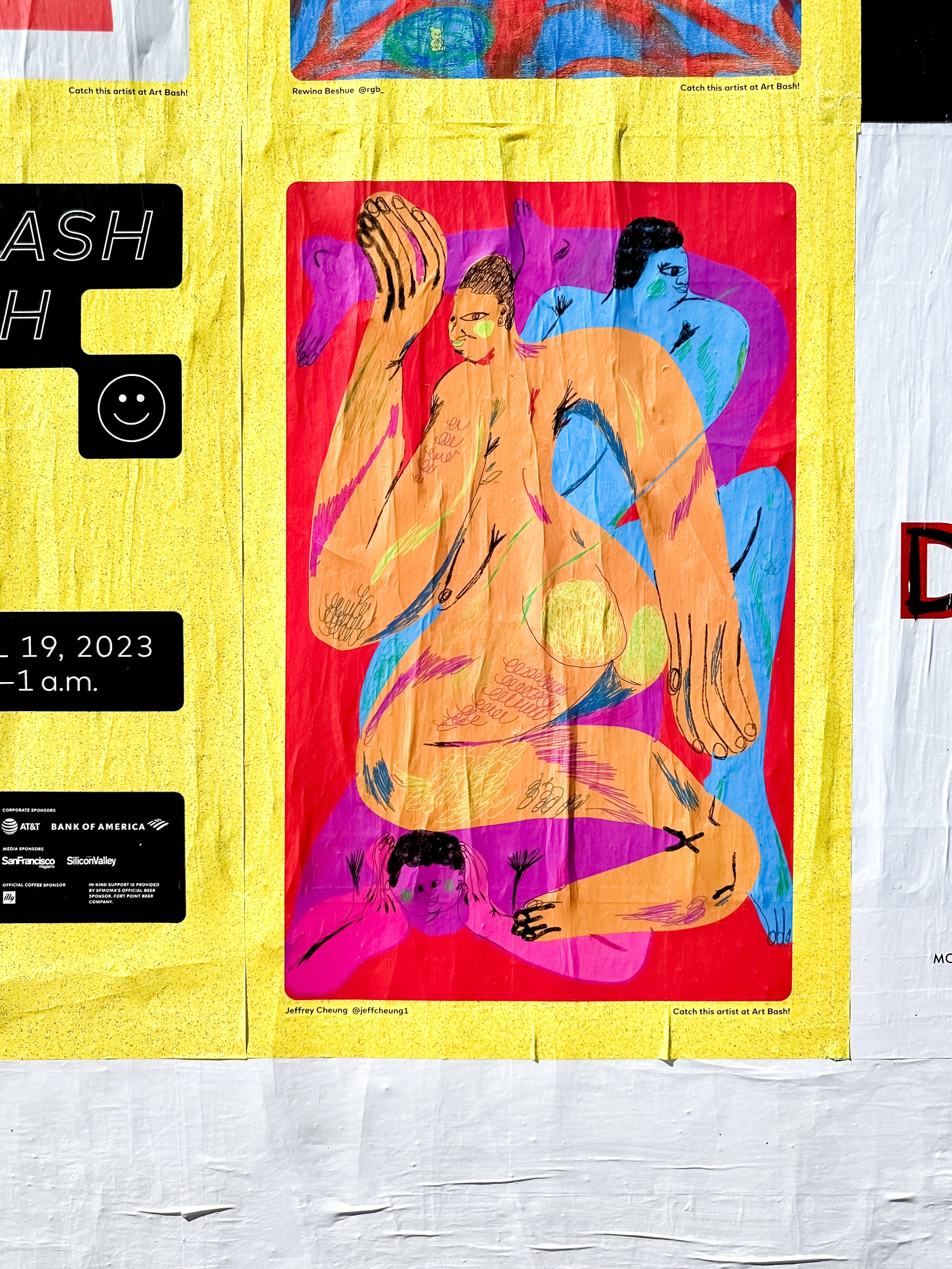A brightly colored poster by artist Jeffrey Cheung fills a yellow-covered wall. Loose, overlapping figures in orange, blue, purple, and pink stretch, embrace, and dance across a red background, creating a playful and energetic composition; surrounding Art Bash posters and event details frame the work.