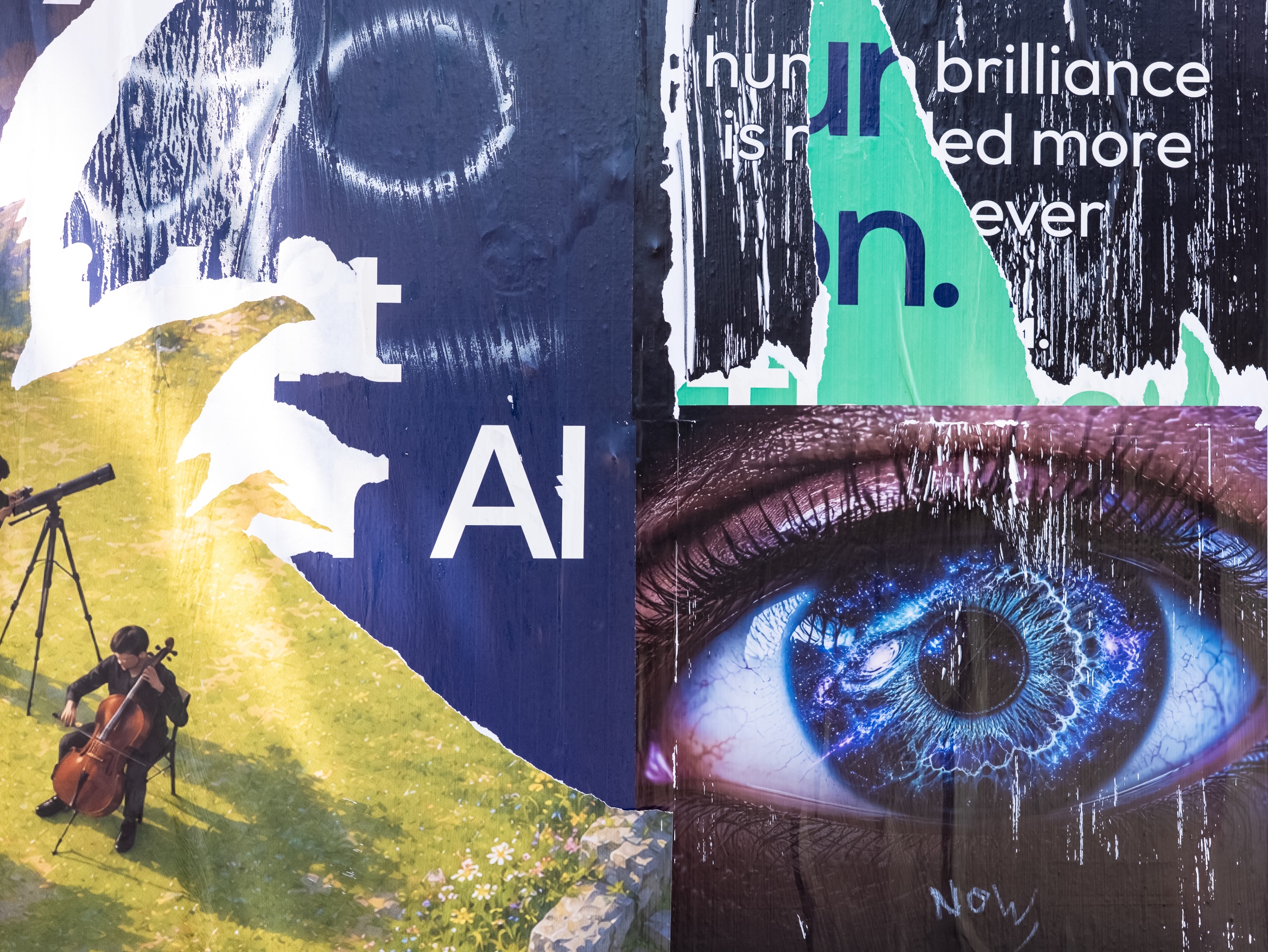 A layered street-art collage pairs a cellist playing in a sunlit landscape with an oversized blue eye that appears to contain a galaxy. Torn poster fragments, brushy black-and-white textures, and the bold letters “AI” divide the image, while partial text about human brilliance hints at a meditation on creativity in the age of artificial intelligence.