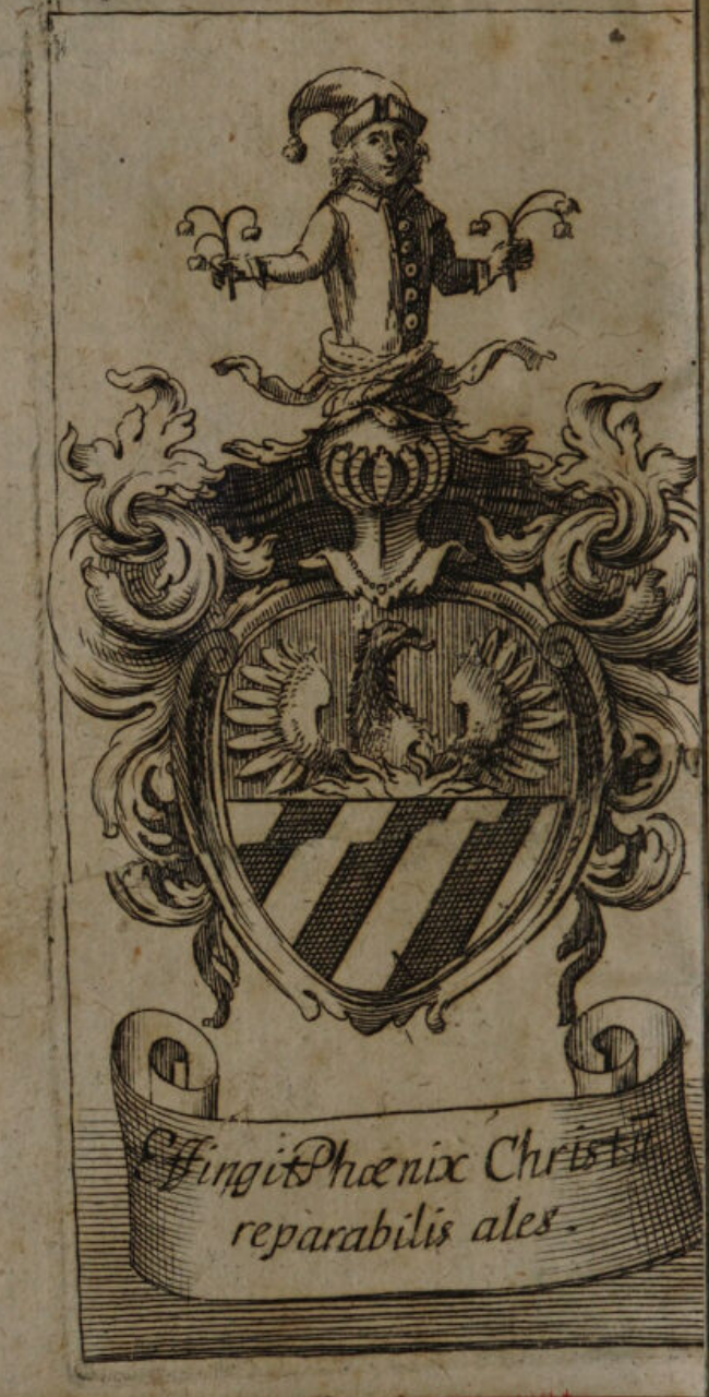 The historical author’s arms, with a phoenix rising from flames