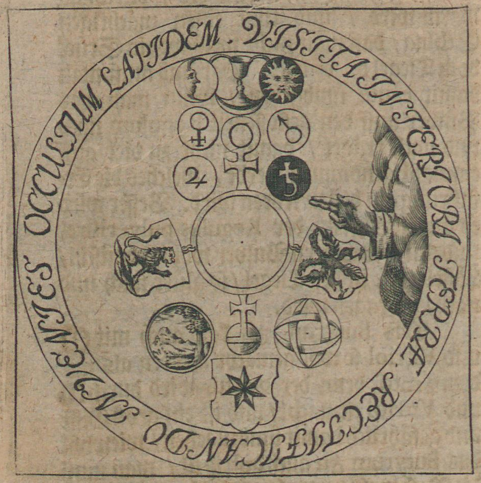 Circular alchemical engraving with an outer Latin inscription, seven planetary signs, a cup, a central compound sign, celestial and terrestrial globes, eagle and lion, and a hand emerging from a cloud.