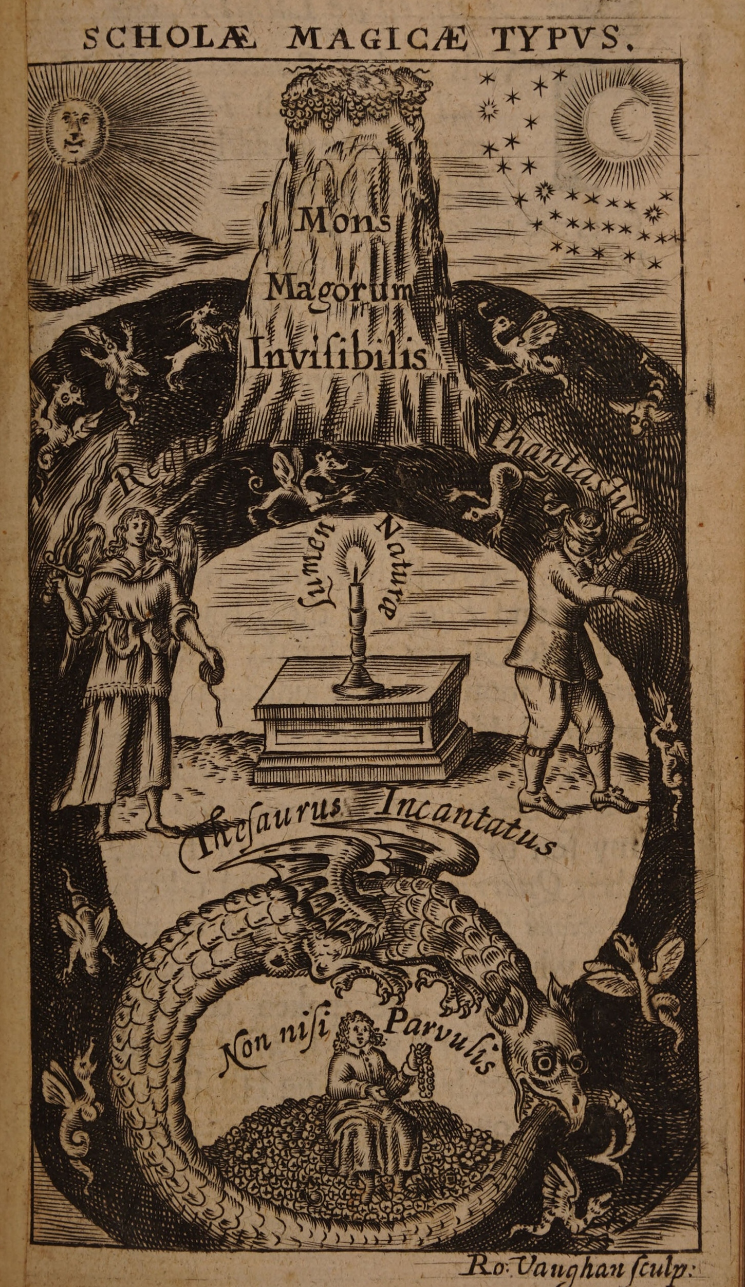 Historical engraving: sun and moon over the invisible mountain of the magi; Reason and Imagination flank the central candle, with a child and treasure enclosed below by creatures. The facing text translates every inscription.