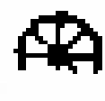 An upper arc with horizontal, vertical and diagonal dividing strokes; no complete lower circular outline.